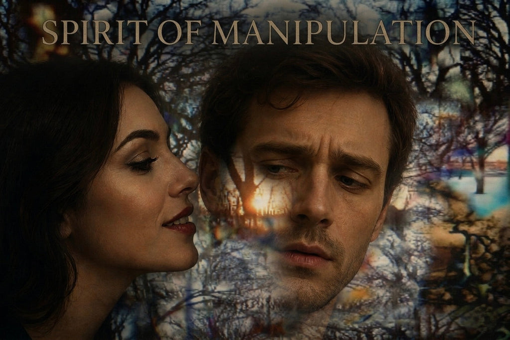 Spirit of Manipulation artwork featuring a Caucasian couple in a dark forest setting