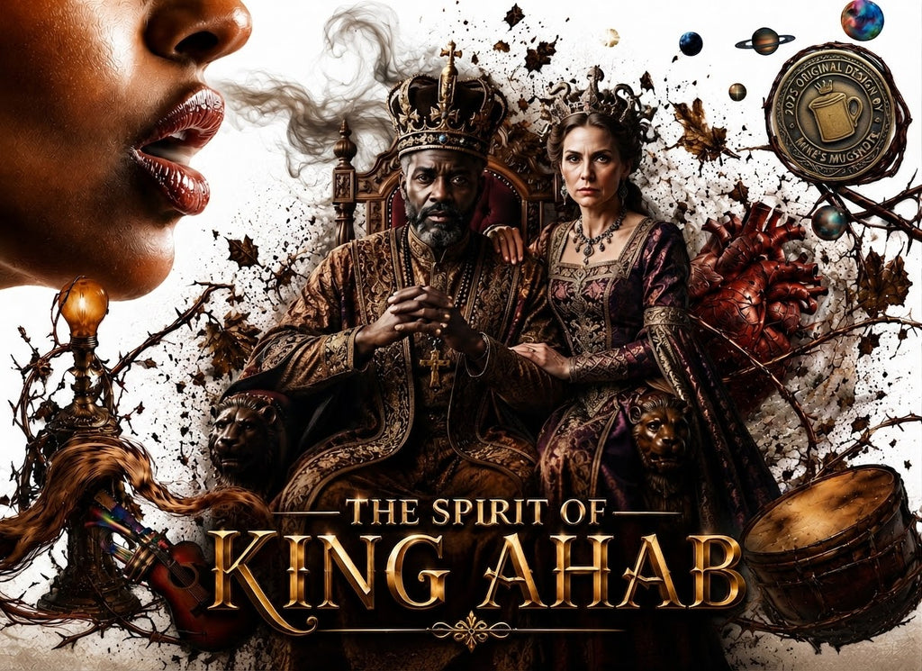 The Spirit of King Ahab original design featuring King Ahab and Queen Jezebel on their throne