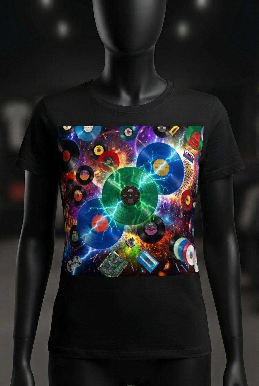 Vinyl Explosion Tee in White — neon vinyl records and lightning graphic