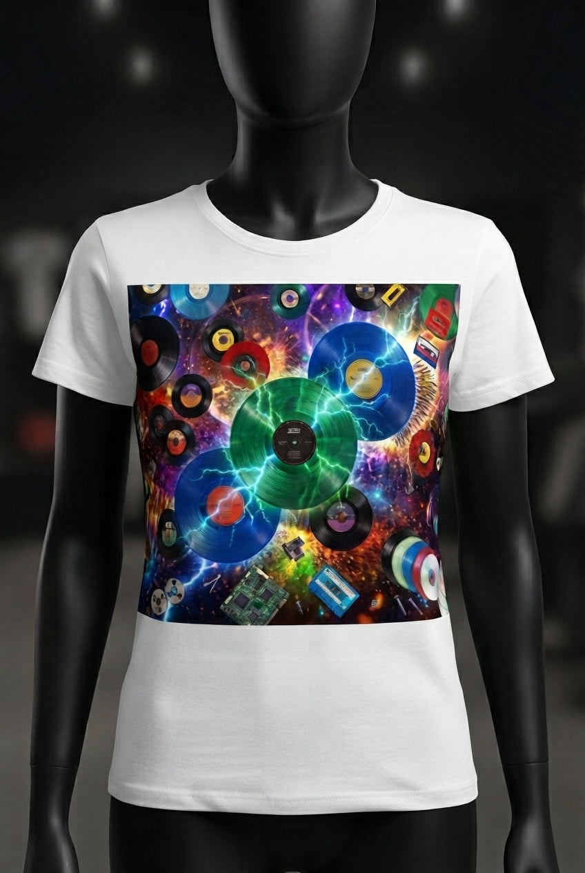 Vinyl Explosion Tee in Yellow/Gold — neon vinyl records and lightning graphic