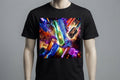The Barber's Universe Tee — neon combs, brushes and clippers in cosmic lightning explosion on black tee