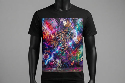 Clockwork Chaos Tee — bronze gears, electric bolts and color drips graphic on black tee