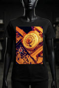 Swiss Movement Tee — golden watch gears and perpetual calendar face in amber light on black tee